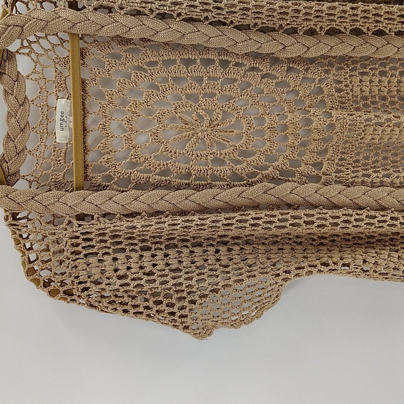 Umgee Khaki Tan Crochet Open Cardigan Cover Slight Sleeve Size Small Fringe Hem - Picture 2 of 5